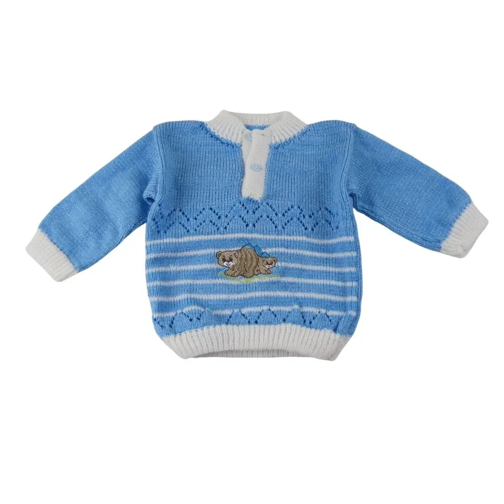 VINTAGE Baby Boy Blue White Sweater Pants Outfit Set with Embroidered Bear